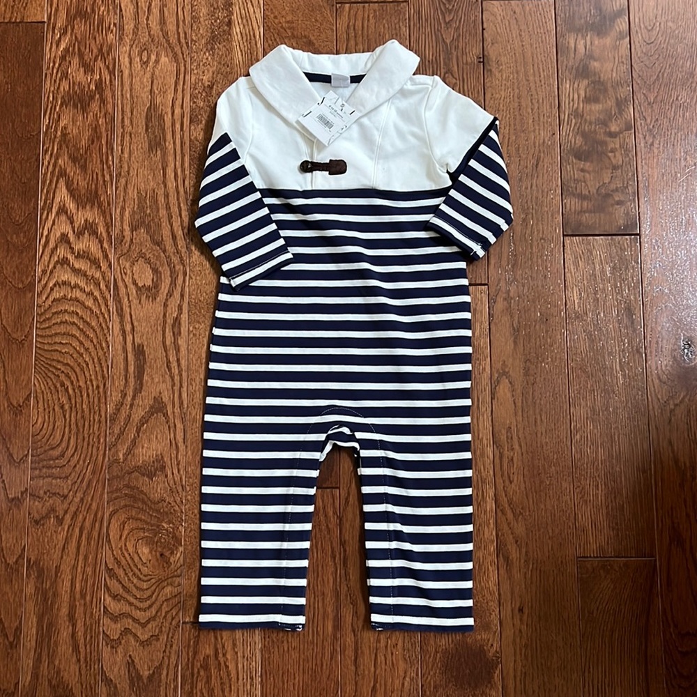 NWT Janie and Jack navy striped long sleeve romper, size 6-12 months